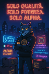 Immagine promozionale Alpha Vape con lupo, scatole di spedizione e scritte neon – Spediamo ovunque in 24/48h
