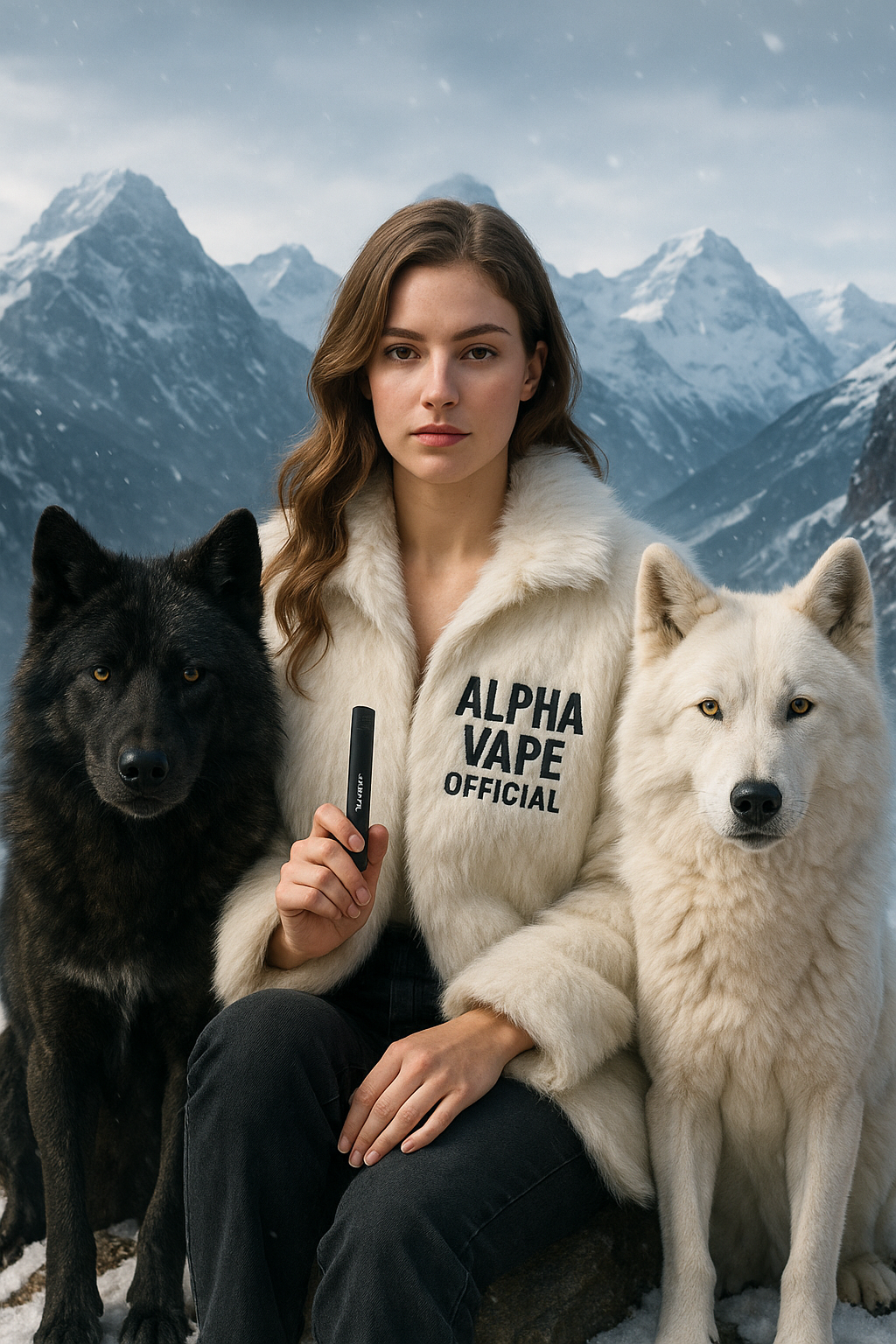 Donna con giacca Alpha Vape Official e due lupi, simbolo del brand esclusivo di vape monouso