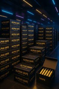 Scatoloni neri e oro Alpha Vape Official in magazzino futuristico, con box aperto che mostra sigarette elettroniche monouso premium.