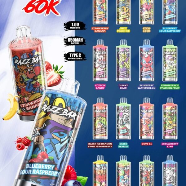RAZZ BAR 60K 60000 Puff monouso ricaricabile con display LED e ricarica USB-C. Super Pack da 5 pezzi con spedizione veloce in Italia 24/48h.