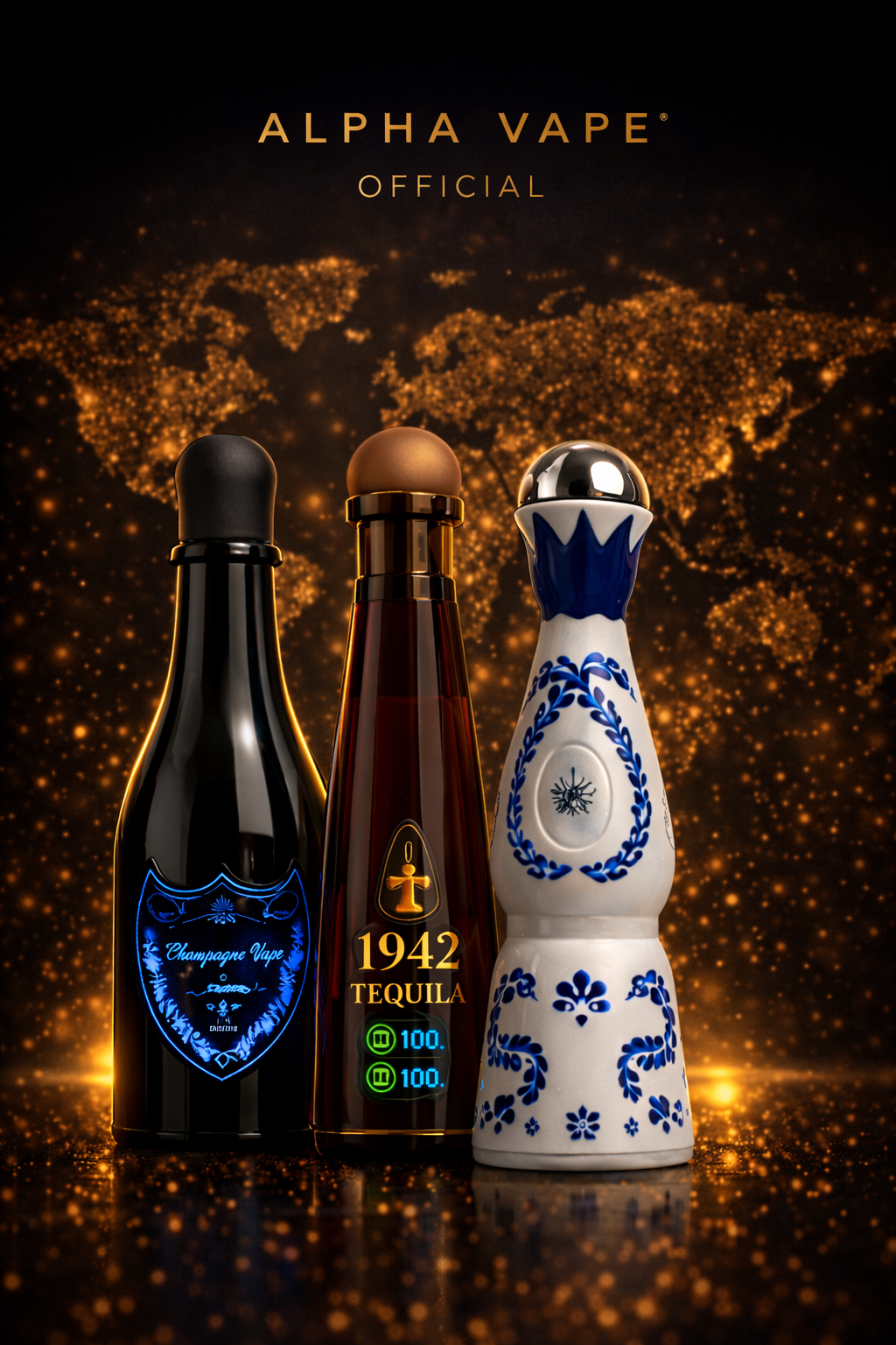 Tre sigarette elettroniche monouso luxury Alpha Vape Official in stile bottiglia, modelli Don Leon 1942 Tequila Vape e Champagne Vape da 30000 puff
