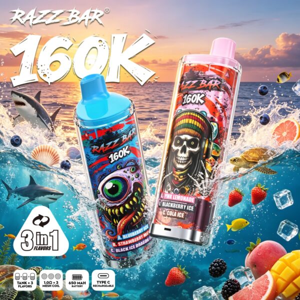 Razz Bar 160K 3 in 1 Disposable Vape con 160000 tiri, 3 gusti selezionabili, batteria ricaricabile USB-C e tripla mesh coil