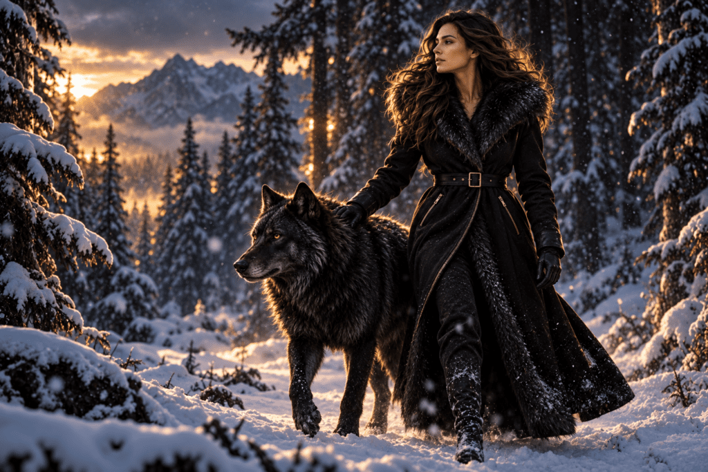Donna con lupo nero in una foresta innevata – Alpha Vape Official