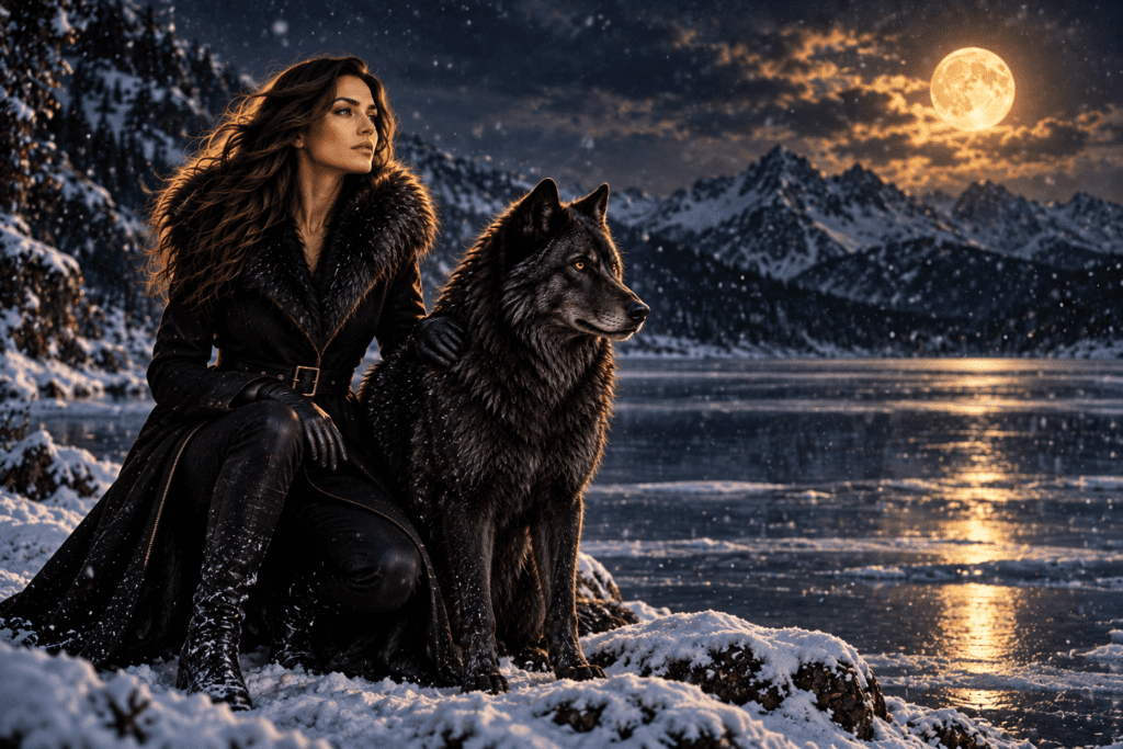 Donna con lupo nero davanti a un lago alpino innevato – valori Alpha Vape Official