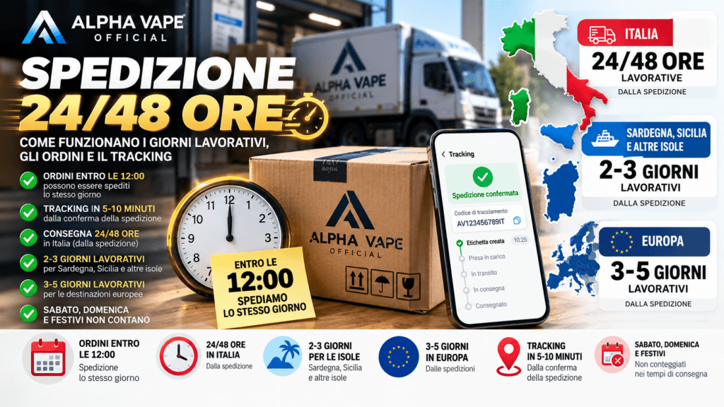Spedizione 24/48 ore Alpha Vape Official: pacco, tracking, ordini entro le 12:00 e tempi di consegna per Italia, Sardegna, Sicilia ed Europa.